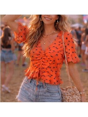 Anthropologie Elodie Orange Boho Drawstring Ruffle Crop Top with Navy Bird Print